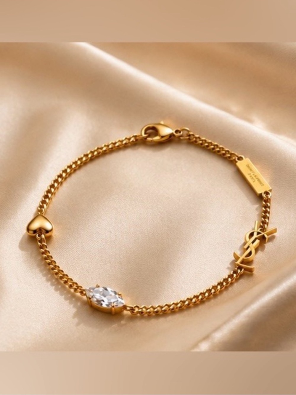 Gold Tone Crystal Heart Charm Chain Bracelet